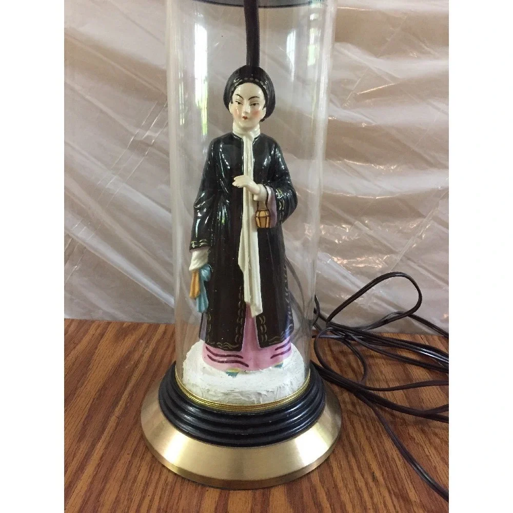 Vintage 70s Porcelain Figural Asian Woman Table Lamp Clear Plastic‎ Sleeve 25